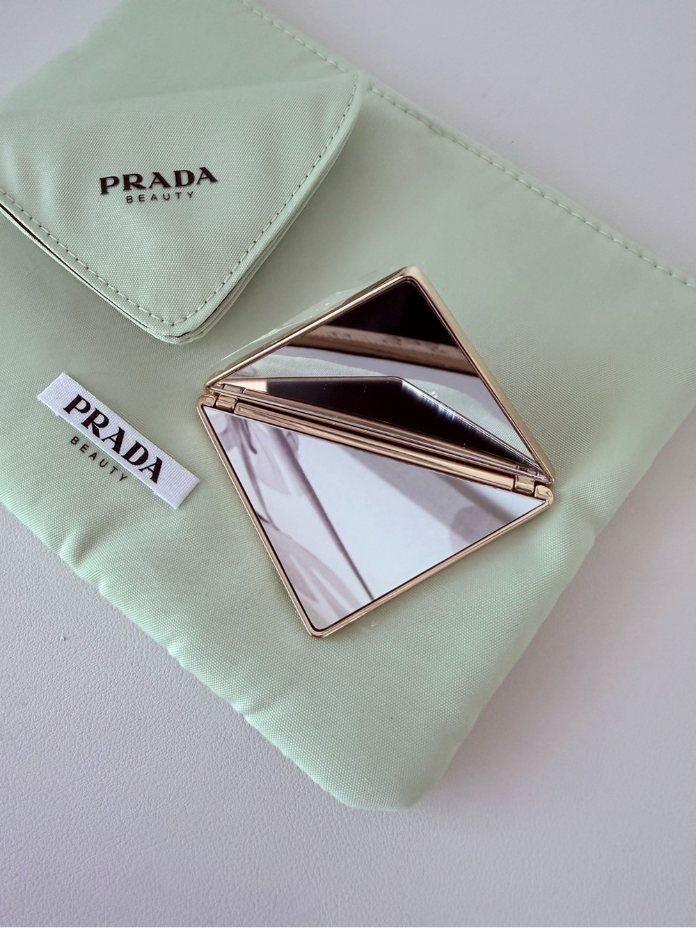 Prada Beauty Mint Green Cosmetic Pouch with Iconic Triangle Compact Mirror NWOT